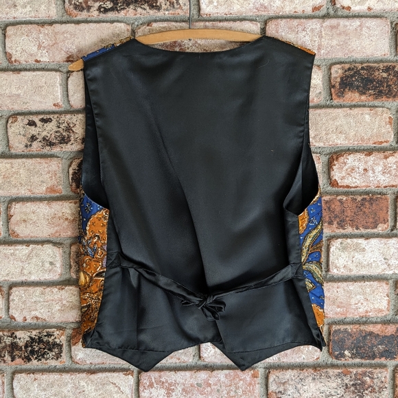 🍁 Ana Mori Batik Embroidered & Beaded Blue and Orange Floral Vest - Picture 2 of 7